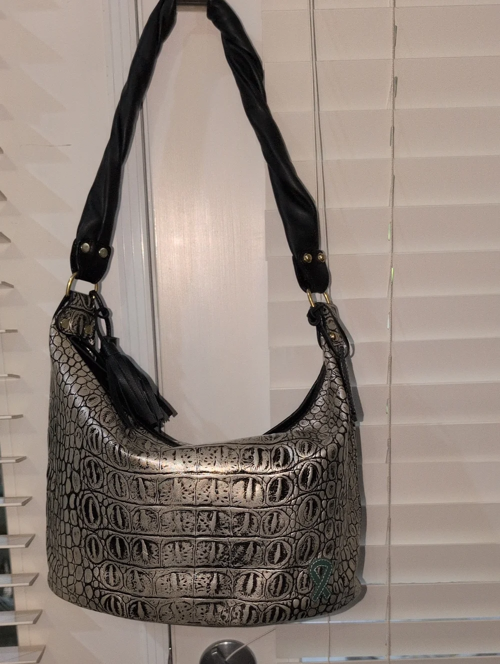 Townsend Silver And Black Leather Emobossed Crocodile Bag